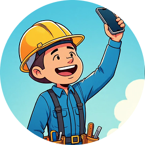 Hombre con casco y overol levantando su mano con un celular